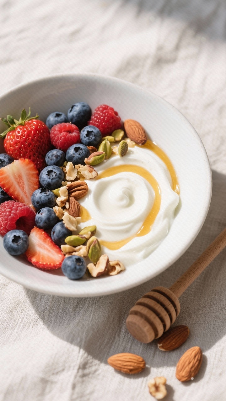 45-degree plated shot of a Greek yogurt power bowl: 3/4 cup plain Greek yogurt swirled creamy white, topped with a neat arc of mixed berries (blueberries, strawberries, raspberries), a golden honey drizzle, and chopped nuts (almonds, walnuts, pistachios) for crunch; served in a matte white bowl on a pale linen, with a honey dipper and a few loose nuts.