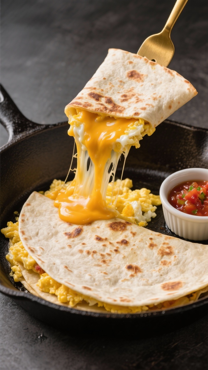 45-degree skillet action shot of a breakfast quesadilla: large flour tortilla folded in a cast-iron pan with melty cheddar-jack cheese oozing from the edges, eggs scrambled inside, edges crisped and browned in butter; a small ramekin of salsa on the side, with a golden spatula partially lifting the quesadilla; dynamic, appetizing cheese pull.