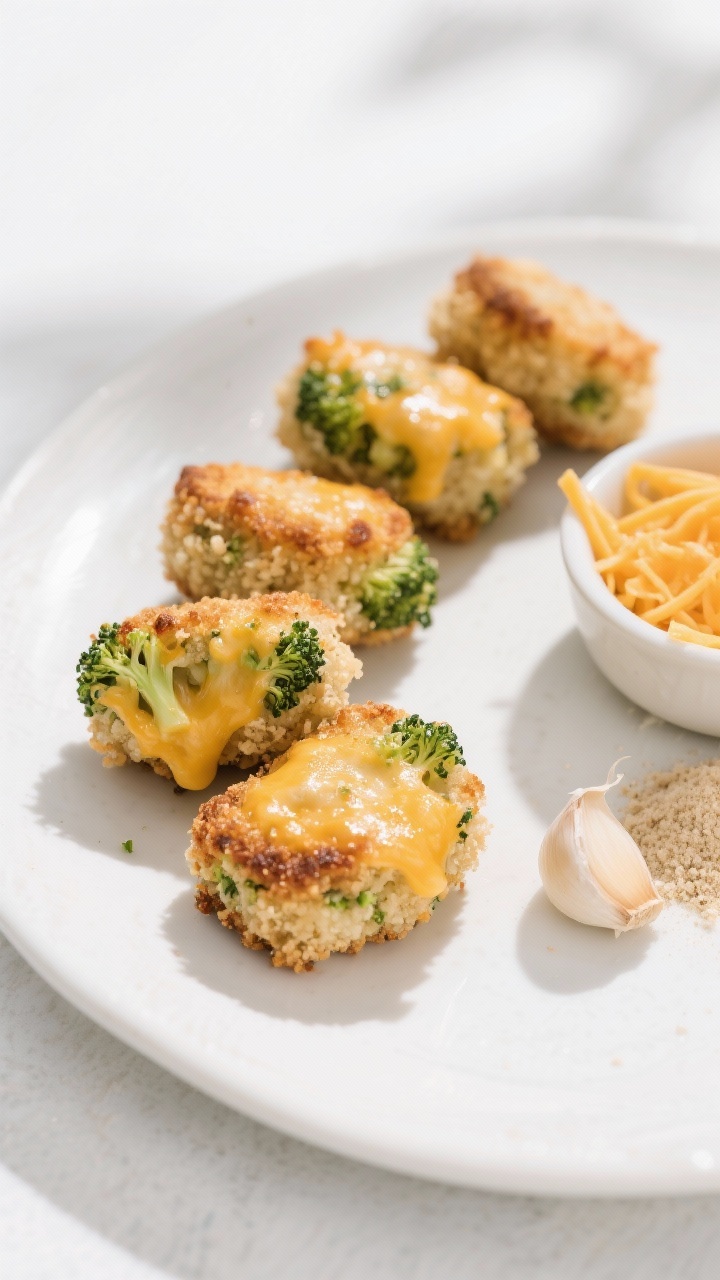 45-degree view of five-ingredient cheesy broccoli bites stacked on a white ceramic plate, edges browned and cheese visibly melted and bubbly; flecks of finely chopped broccoli throughout, panko crumb texture on the surface; a small bowl of optional garlic powder and extra shredded cheddar nearby; clean, bright background with soft shadows for a snackable feel.