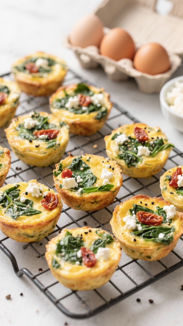 45-degree view of spinach and feta egg bites on a cooling rack: tender, puffed mini frittatas with visible chopped spinach, crumbled feta, and bits of sun-dried tomato; speckled with black pepper; a carton of eggs and a small bowl of cottage cheese off to the side for context.