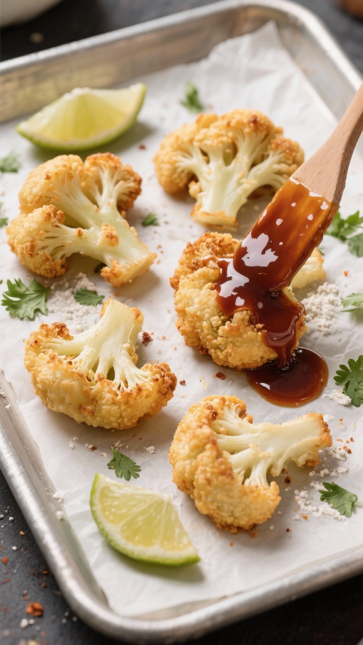 5-inch cauliflower florets in a light batter made from all-purpose flour, cornstarch, garlic powder, smoked paprika, and kosher salt, air-fried to crisp, then glazed with a thick mahogany BBQ sauce; the glaze being brushed on one floret, with saucy drips pooling on a parchment-lined tray; scattered cilantro and lime wedges hinting at taco potential, glossy highlights emphasizing stickiness.