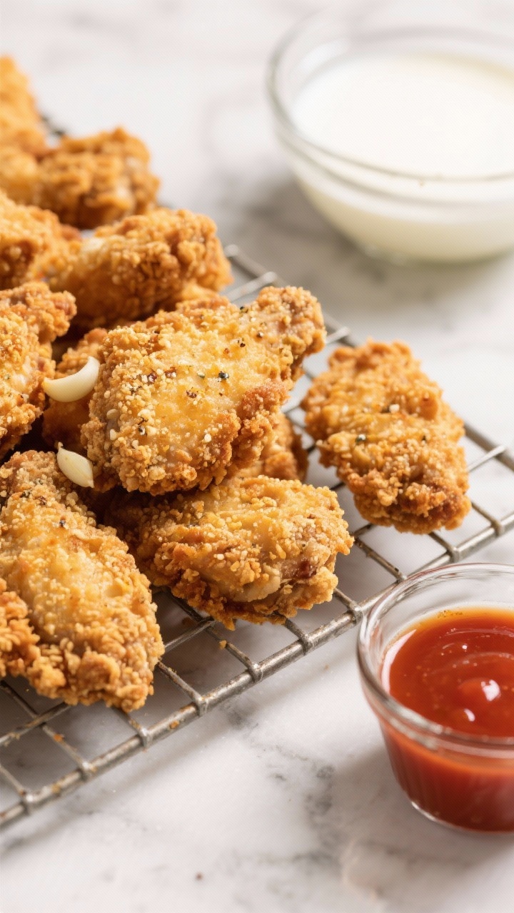 A 45-degree close-up of crunchy buttermilk air fryer chicken pieces piled on a wire rack, golden and craggy crust from panko and flour, with visible flecks of garlic powder; a ramekin of optional hot sauce on the side, buttermilk marinade in a glass bowl in the background, styled on a light marble surface with soft directional light emphasizing the crisp texture.