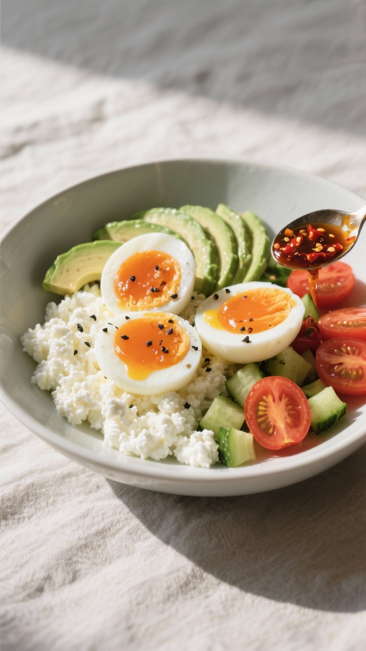A 45-degree plated presentation of a savory cottage cheese bowl: 1 cup low-fat cottage cheese as the base topped with two jammy soft-boiled eggs halved, sliced avocado fan, halved cherry tomatoes, diced cucumber, a glossy spoonful of chili crisp drizzled over, and a pinch of black pepper; minimal modern bowl on a light linen, clean daylight, crunchy-fresh textures emphasized.
