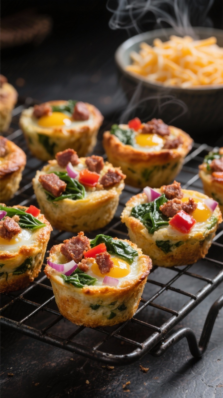 A close-up, straight-on rack of smoky turkey sausage and veggie egg muffins on a cooling rack: egg muffins studded with crumbled turkey sausage, chopped baby spinach, red bell pepper, and fine red onion, tops slightly puffed and caramelized; a bowl of shredded cheese in the background, wisps of steam, moody side light emphasizing savory texture.