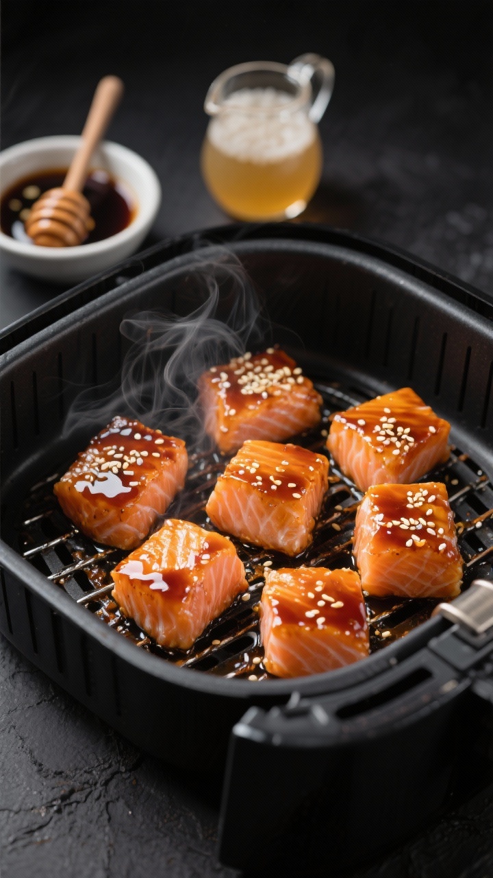 A close-up, straight-on shot of honey-soy salmon bites glistening in a sticky glaze inside an air fryer basket, steam faintly rising; visible sesame oil sheen and lacquered edges, with a small dish of low-sodium soy sauce or tamari, a drizzle of honey, rice vinegar in a tiny pitcher in the background, garnished lightly with sesame seeds on a matte black surface.