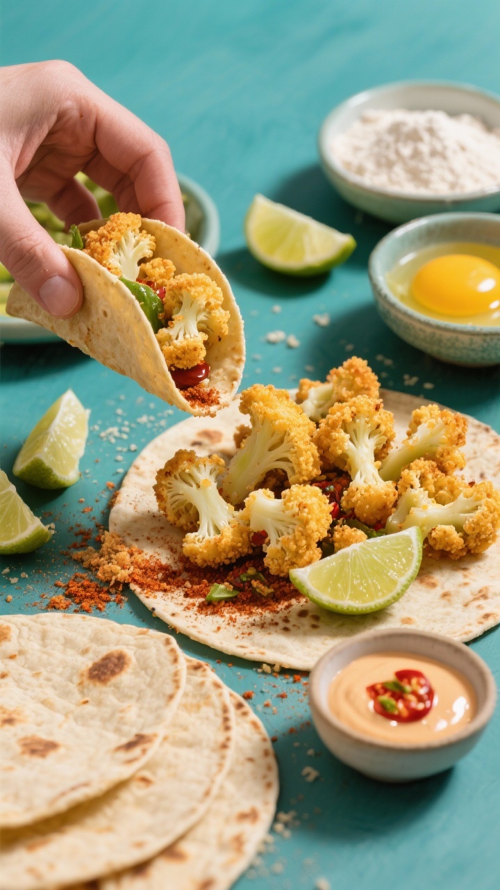 A dynamic 45-degree action shot of crispy cauliflower florets being assembled for tacos: golden panko-coated pieces (seasoned with chili powder, cumin, and smoked paprika) in the foreground, warm tortillas waiting, lime wedges and a small bowl of chili-lime crema off to the side; flour, beaten eggs, and panko in separate bowls to show the breading station, bright, punchy color palette.