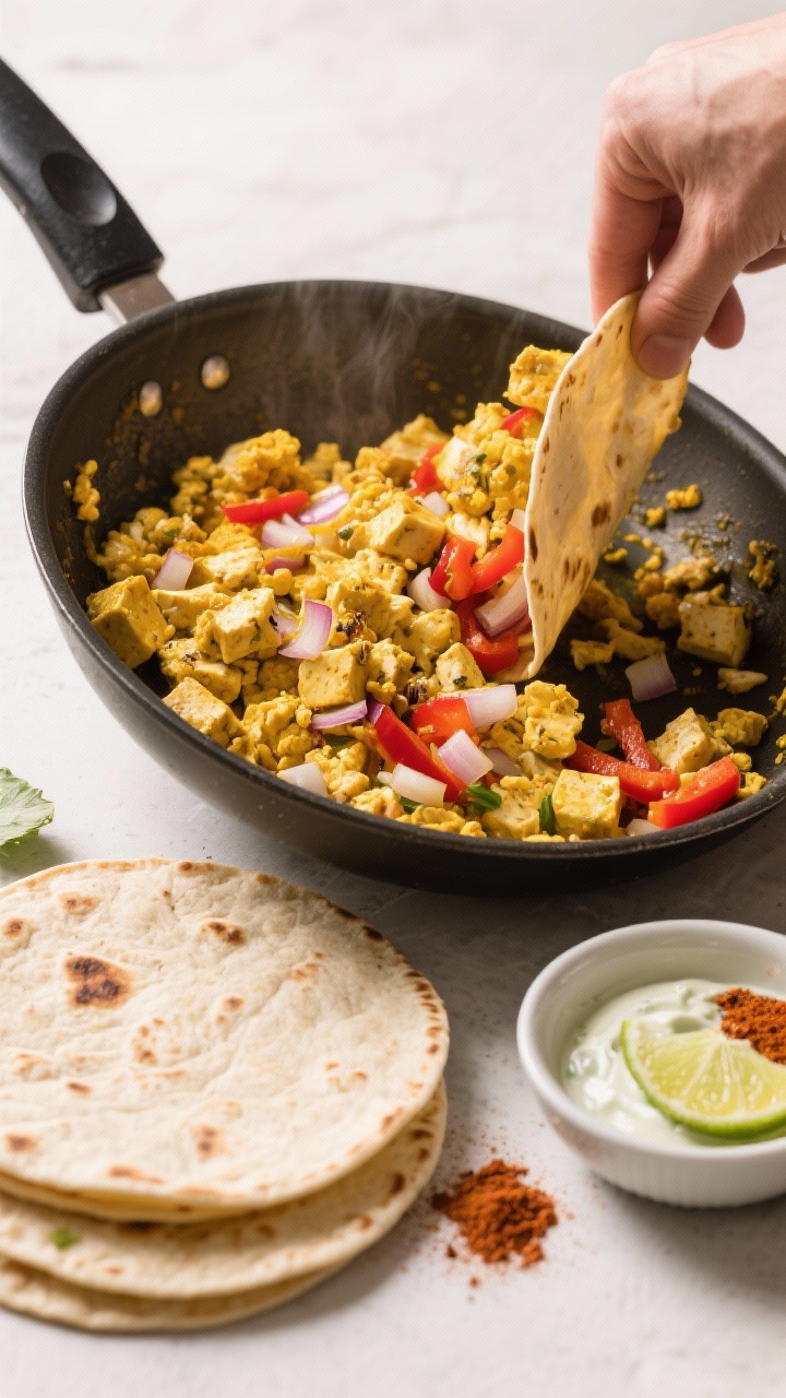 A dynamic 45-degree cooking-process shot of tofu scramble breakfast tacos: a skillet with crumbled firm tofu tinted golden from turmeric and cumin, mixed with diced onion and red bell pepper; warmed small tortillas on the side, a small bowl of zesty lime crema with lime wedge, and a pinch of chili powder; vibrant colors, casual brunch vibe, no people.