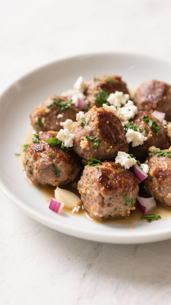 A plated presentation at 45 degrees of ultra-juicy turkey meatballs with herbed feta: browned meatballs glistening with juices, crumbled feta speckled with herbs visible inside; breadcrumbs and milk binder noted by tender texture; minced garlic and finely chopped red onion flecks apparent; served in a shallow white bowl with a light herb drizzle, clean background for a cozy, homey feel.