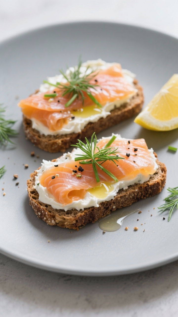 A straight-on, minimalist plated shot of smoked salmon and herbed quark on rye: two rye slices topped with a lemon-kissed quark spread flecked with fresh dill and chives, layered ribbons of smoked salmon, cracked black pepper, and a light olive oil sheen; lemon wedge and extra herbs scattered on a matte plate, crisp Scandinavian feel.