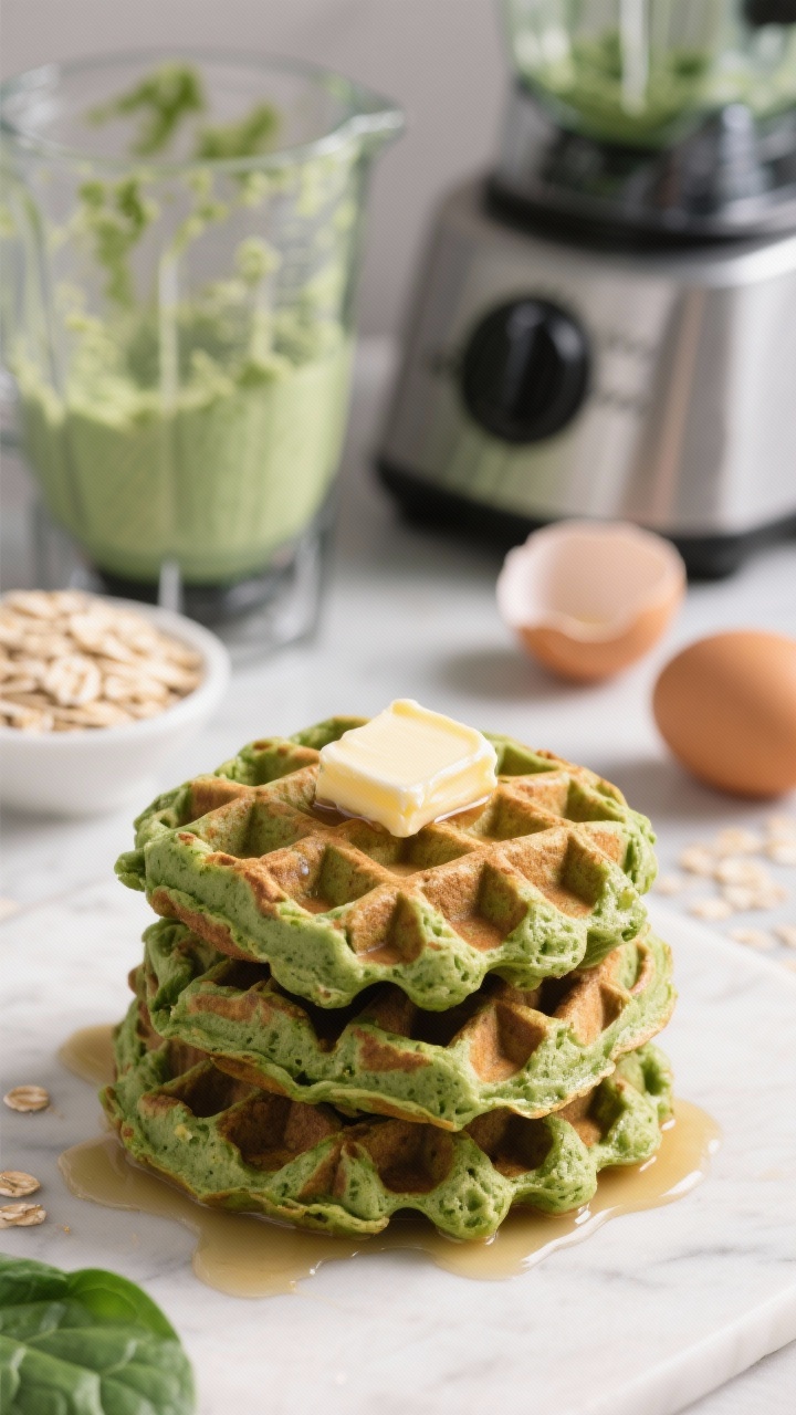 A straight-on waffle stack shot of blender spinach protein waffles: crisp, deeply gridded green waffles (from baby spinach and vanilla protein) stacked with a pat of melting butter, light maple drizzle; ingredients implied in the background—a blender with green residue, rolled oats, and a cracked egg—clean, fresh fitness-forward styling.
