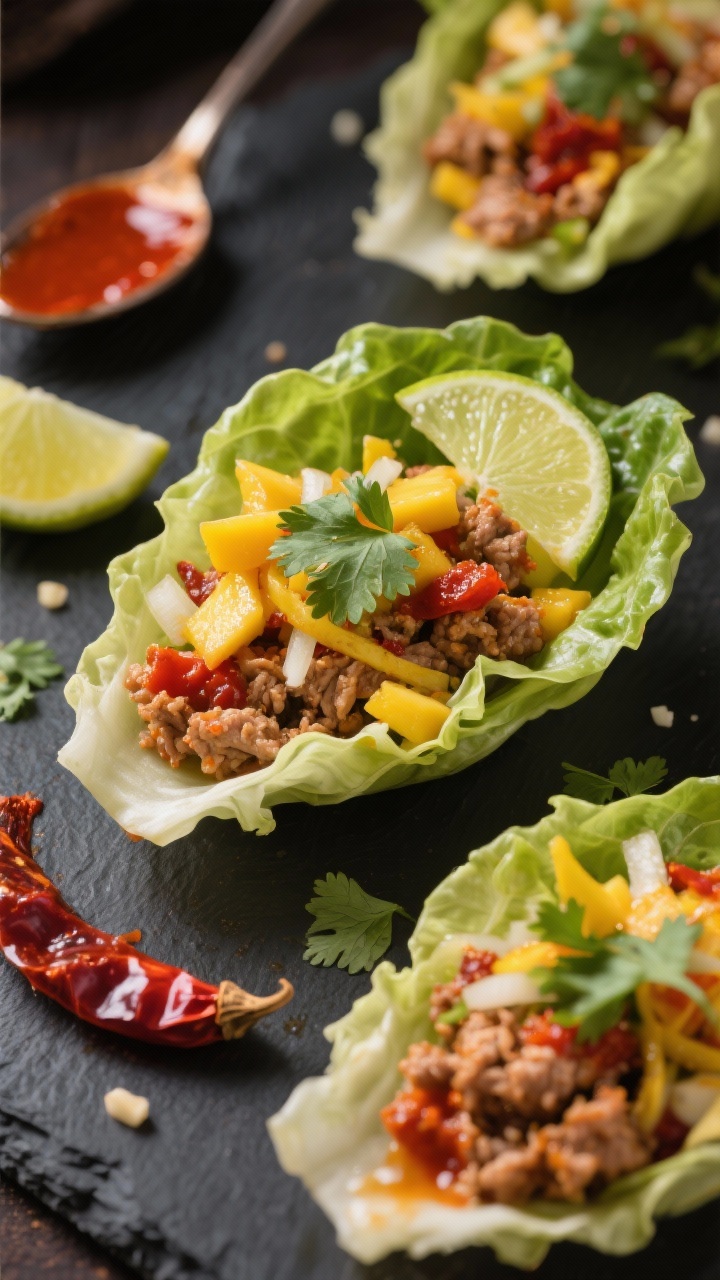Action-free close-up of spicy chipotle turkey lettuce wraps: sautéed lean ground turkey with finely chopped yellow onion, minced garlic, tomato paste, and minced chipotle in adobo, spooned into crisp butter lettuce cups; topped with vibrant mango slaw and a squeeze of lime; visible smoky-red saucy sheen on turkey, juicy mango strands, and fresh cilantro leaves; styled on a dark slate with extra chipotle sauce and lime wedges; bold, spicy mood, high contrast, no people.