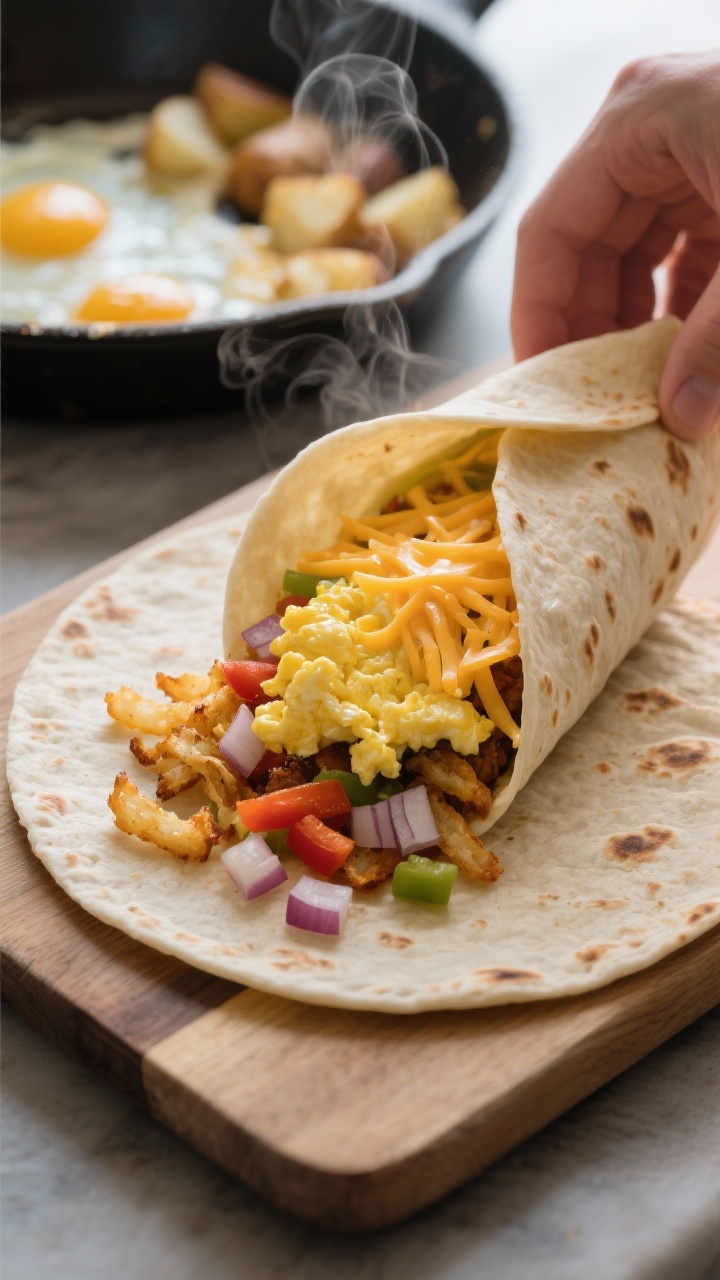 Action prep shot at a 45-degree angle of savory breakfast burrito assembly: a warm 10-inch flour tortilla on a board being filled with fluffy scrambled eggs, sautéed diced onion and bell pepper, crispy golden hash browns, and shredded Monterey Jack cheese ready to fold; a skillet with remaining eggs and potatoes slightly out of focus; soft directional light, appetizing steam visible.
