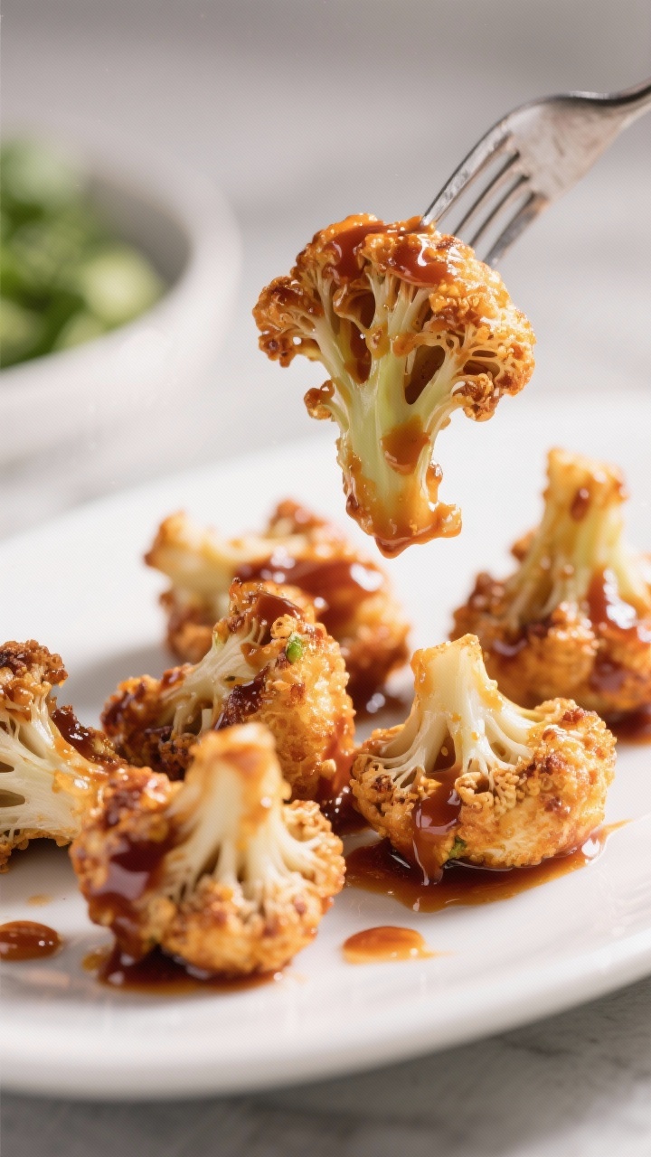 Action shot at 45 degrees of sticky BBQ cauliflower bites:
