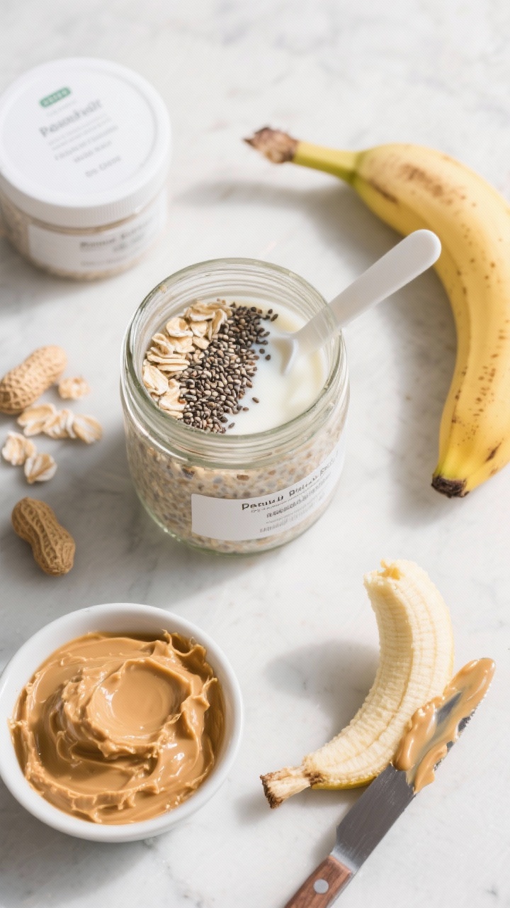 An ingredient-focused overhead flat lay for peanut butter banana protein overnight oats: a jar half-filled with rolled oats, chia seeds, and milk, with a scoop of vanilla/peanut butter protein powder nearby, creamy peanut butter spooned on a knife, half a ripe banana mashed in a small bowl; clean jars and labels, tidy composition, bright morning light.