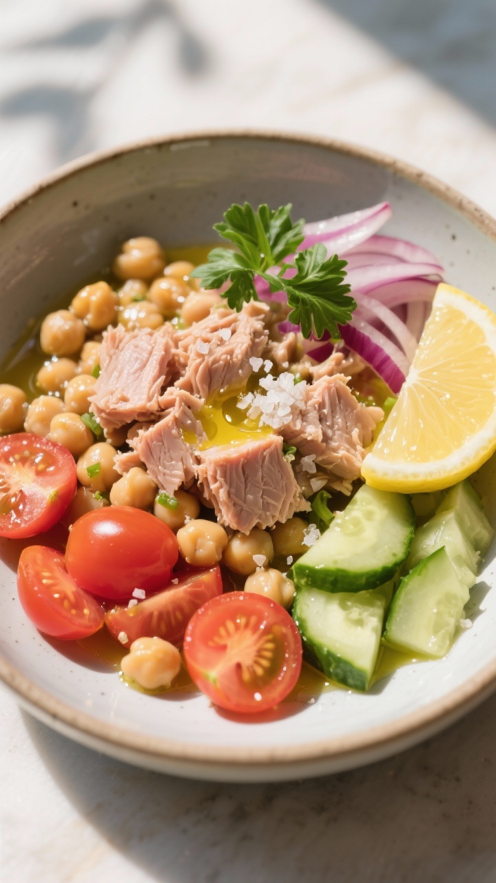 An overhead composed bowl of Mediterranean chickpea and tuna breakfast: flaked tuna in olive oil, chickpeas, halved cherry tomatoes, diced cucumber, thinly sliced red onion, parsley, and a lemon wedge; a glossy olive oil drizzle, sea salt flakes; served in a wide shallow bowl on a sunlit table, bright Mediterranean colors and textures.