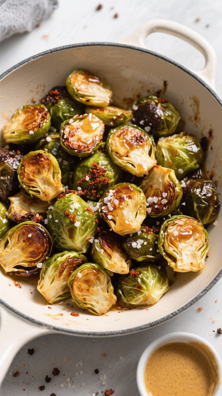 An overhead flat lay of maple-Dijon Brussels sprouts just out of the air fryer: halved sprouts with deeply caramelized, crispy edges, tossed with a glossy maple syrup and Dijon mustard glaze, kissed with smoked paprika; coarse kosher salt and cracked pepper sprinkled on top; styled in a wide enamel pan with a small bowl of the maple-Dijon mixture nearby.