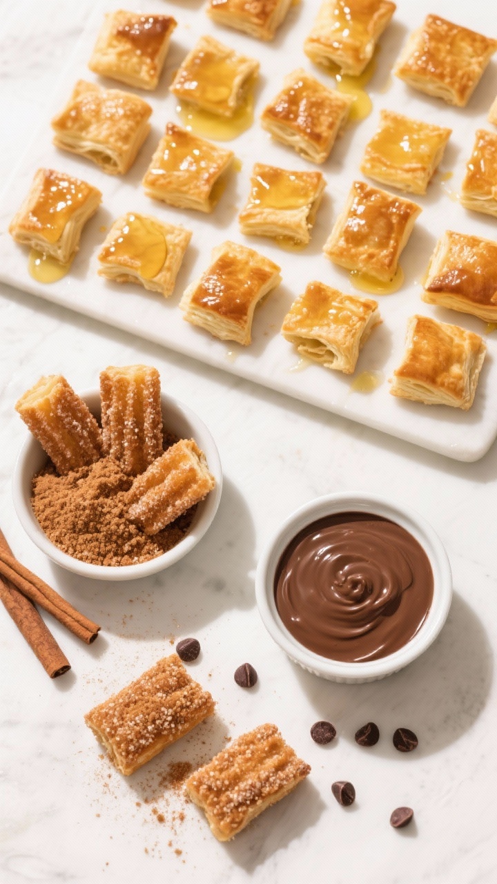 An overhead ingredients-to-finish sequence for cinnamon sugar churro bites: a grid layout showing puff pastry cut into bite-sized pieces, brushed with melted butter; a bowl of cinnamon sugar for tossing; finished bites coated evenly with cinnamon sugar crystals; alongside a warm two-ingredient chocolate dip made from chocolate chips and heavy cream in a small ramekin; bright, inviting tones and crisp shadows.