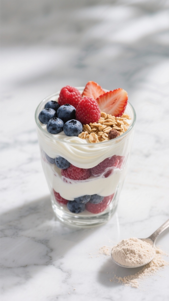 An overhead shot of a layered Greek yogurt power parfait in a clear glass: plain 2% Greek yogurt swirled with vanilla protein, a jewel-toned mix of blueberries, raspberries, and sliced strawberries, and a sprinkle of high-protein granola on top; extra berries and a scoop of protein powder styled beside the glass on a cool marble surface, bright natural light, crisp and dessert-like yet wholesome.
