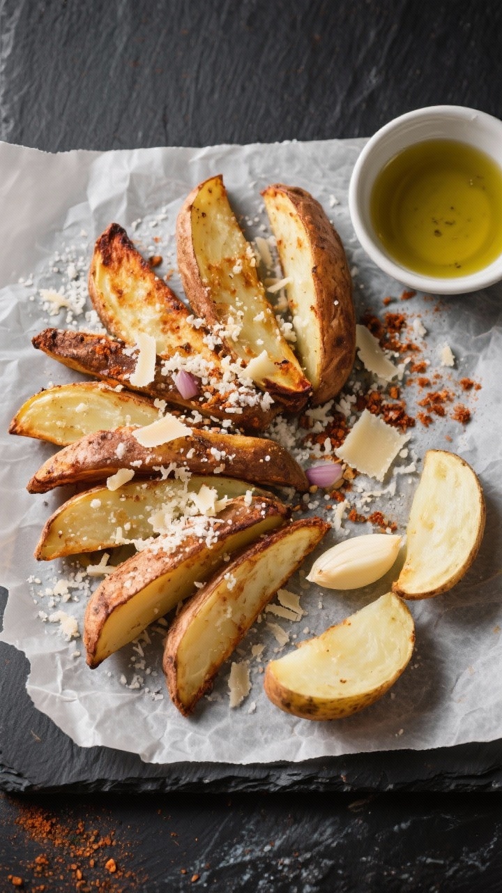 An overhead shot of garlicky Parmesan potato wedges on a parchment-lined sheet, arranged in a fan with deep browned edges and visible cornstarch-induced crunch; a sprinkle of grated Parmesan, garlic powder, onion powder, and smoked paprika on top, with a small bowl of olive oil and a cut russet potato wedge to show interior fluff, photographed on a dark slate for contrast.