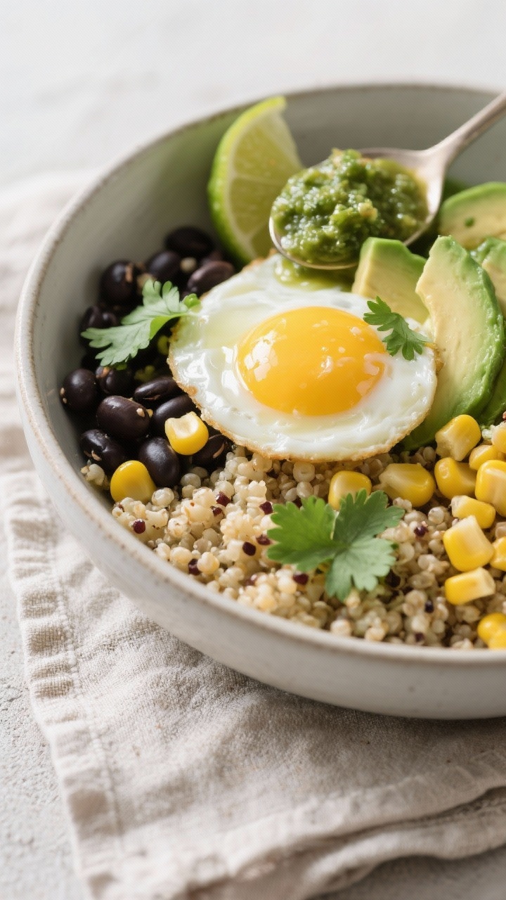 Bowl-focused 45-degree shot of egg and quinoa power bowls: fluffy quinoa base, topped with black beans, corn kernels, sliced avocado, a sunny egg with runny yolk, spoonfuls of salsa verde. Garnished with cilantro and lime wedge; contrasting textures (creamy, fluffy, juicy) and bright green salsa sheen, clean ceramic bowl on linen.