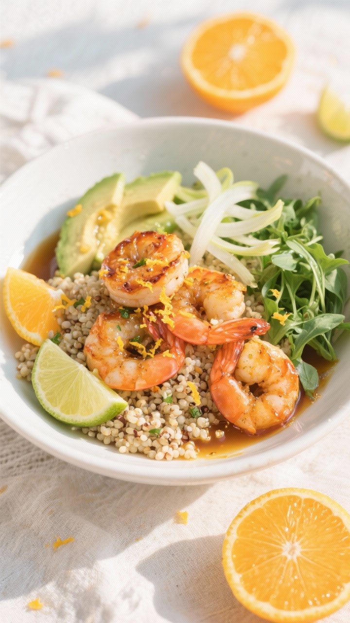 Bright, sunlit plated citrus shrimp and quinoa power bowl at 45 degrees: fluffy quinoa base (cooked in water or low-sodium broth), topped with seared shrimp glazed in olive oil, orange zest and juice, lime juice, and a touch of honey; add avocado slices, thinly shaved fennel, and baby arugula for color; microplane-zested orange scattered on top, glossy citrus dressing pooling slightly; vibrant, beachy mood with a light linen and citrus halves in frame.