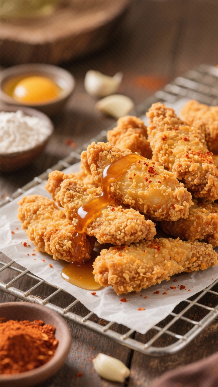 Close-up, 45-degree angle: Extra-crispy air-fried chicken tenders piled on a parchment-lined wire rack, panko and plain breadcrumb crust visibly golden and craggy, flecks of paprika and garlic powder on the surface, a warm hot honey drizzle cascading over the top and pooling slightly, with small bowls of panko, flour, beaten eggs, and paprika/garlic powder in the background softly blurred; warm, appetizing lighting emphasizing crunchy texture and sticky sheen.