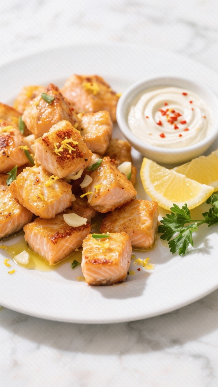 Close-up, 45-degree angle: Golden air-fried lemon-garlic salmon bites piled on a matte white plate, glistening with olive oil, speckled with lemon zest, smoked paprika, and minced garlic; a small bowl of creamy chili yogurt dip swirled with red pepper flakes beside lemon wedges; fresh parsley sprinkle; set on a light marble surface with a soft, bright, fresh Mediterranean vibe.