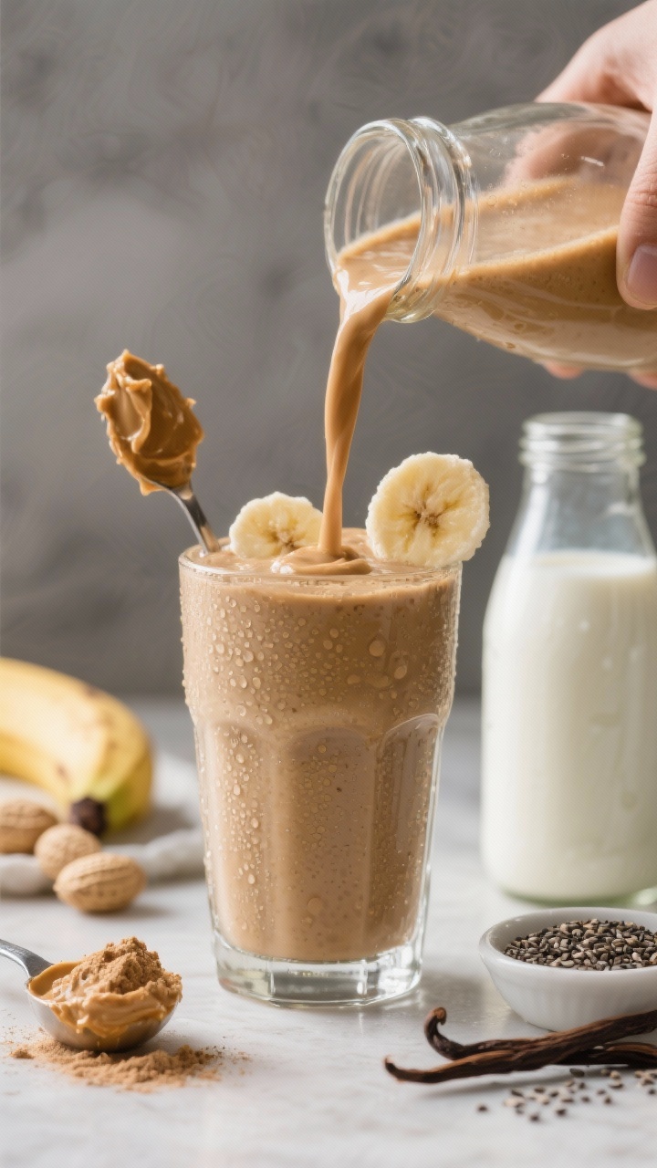 Close-up, 45-degree angle of a thick peanut butter-banana smoothie being poured into a tall clear glass; visible frozen banana slices, a spoonful of peanut butter, vanilla protein powder scoop, chia seeds, and a chilled bottle of plant-based milk arranged as an ingredient set in soft focus; condensation on the glass for a cold, energizing feel.