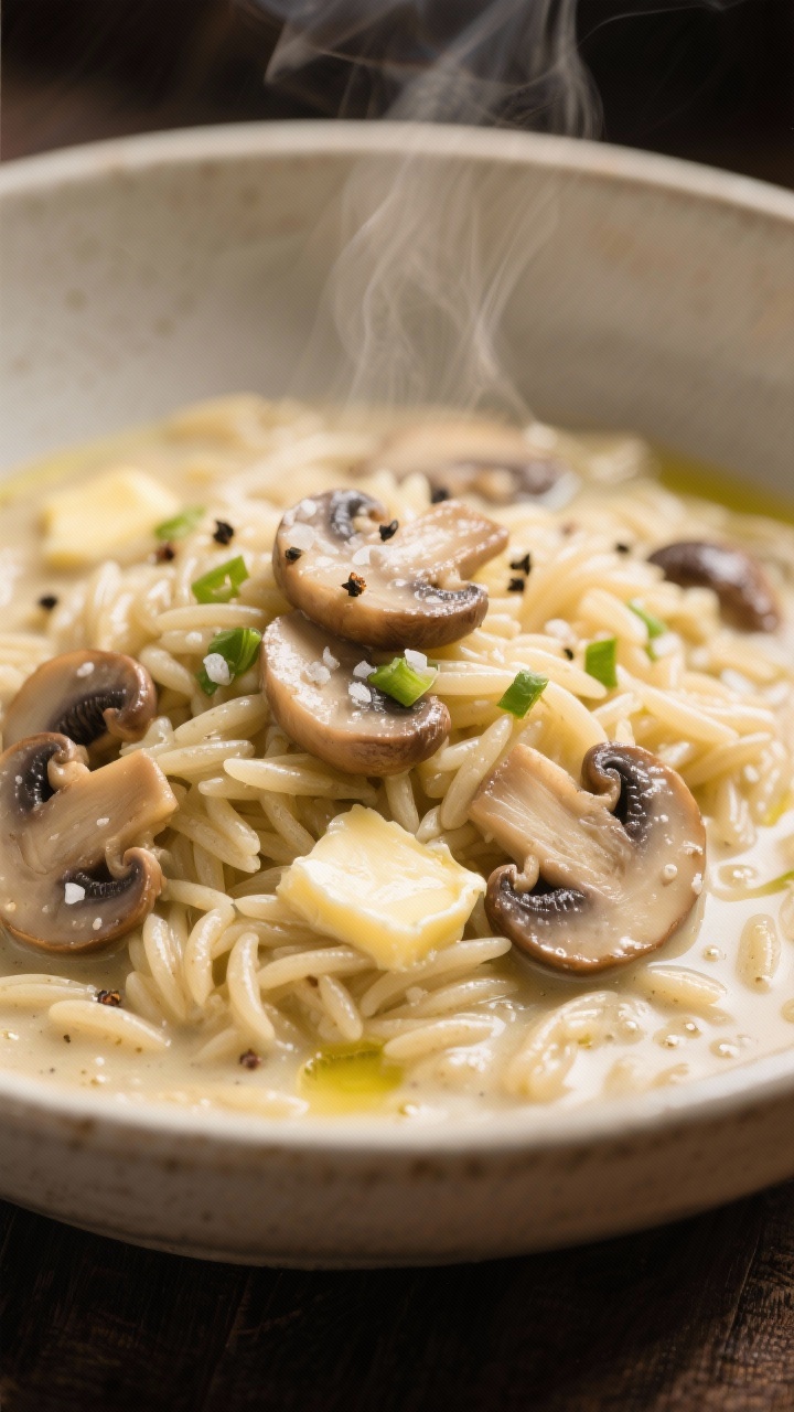 Close-up, 45-degree cozy bowl of creamy one-pot mushroom orzo: tender orzo swirled in a velvety broth reduction with butter and olive oil, studded with sliced cremini/button mushrooms and minced garlic. Silky sheen, tiny bubbles indicating warmth, a sprinkle of kosher salt and cracked pepper on top, steam rising from a neutral-toned ceramic bowl.