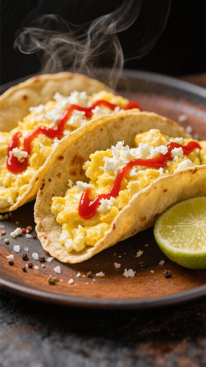 Close-up action shot of five-minute egg tacos: soft-scrambled eggs piled in two warm corn tortillas, crumbled queso fresco melting on top, bright red hot sauce zigzags, a dusting of salt and pepper; lime half squeezed nearby with droplets, steam gently rising, set on a warm griddle-style plate.