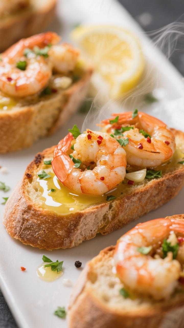 Close-up action shot of shrimp scampi toasts: large shrimp tossed with melted butter, olive oil, minced garlic, kosher salt, black pepper, and a hint of red pepper flakes, nestled on toasted baguette slices; glossy, garlicky butter pooling into the bread’s crumb; sprinkled with chopped parsley and a squeeze of lemon, steam subtly visible, shot at 45 degrees for rich texture.