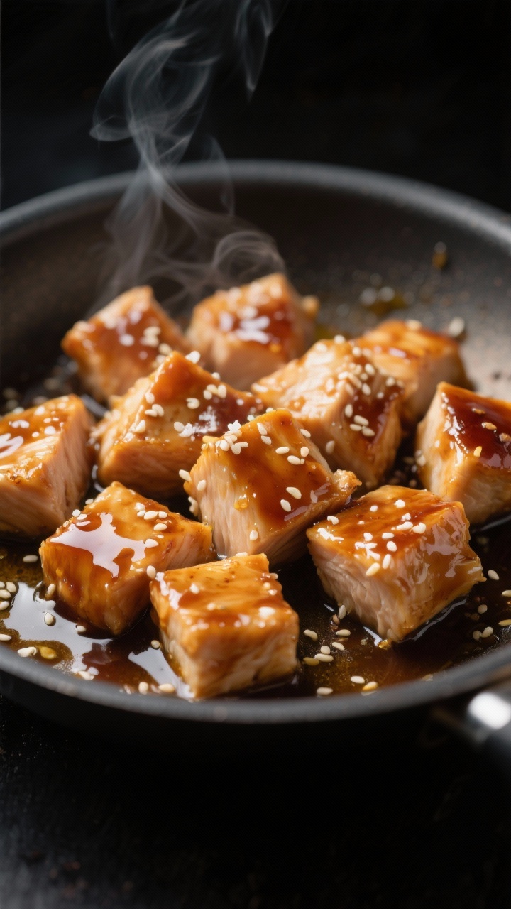 Close-up action shot of sticky honey-soy chicken bites in a shallow skillet or bowl right after air frying: 1-inch chicken breast chunks lacquered with glossy honey-soy glaze, tiny specks of white pepper and kosher salt, a light mist of avocado oil spray sheen. Sesame seeds optional garnish, sauce pooling slightly, steam visible, dark background for contrast.