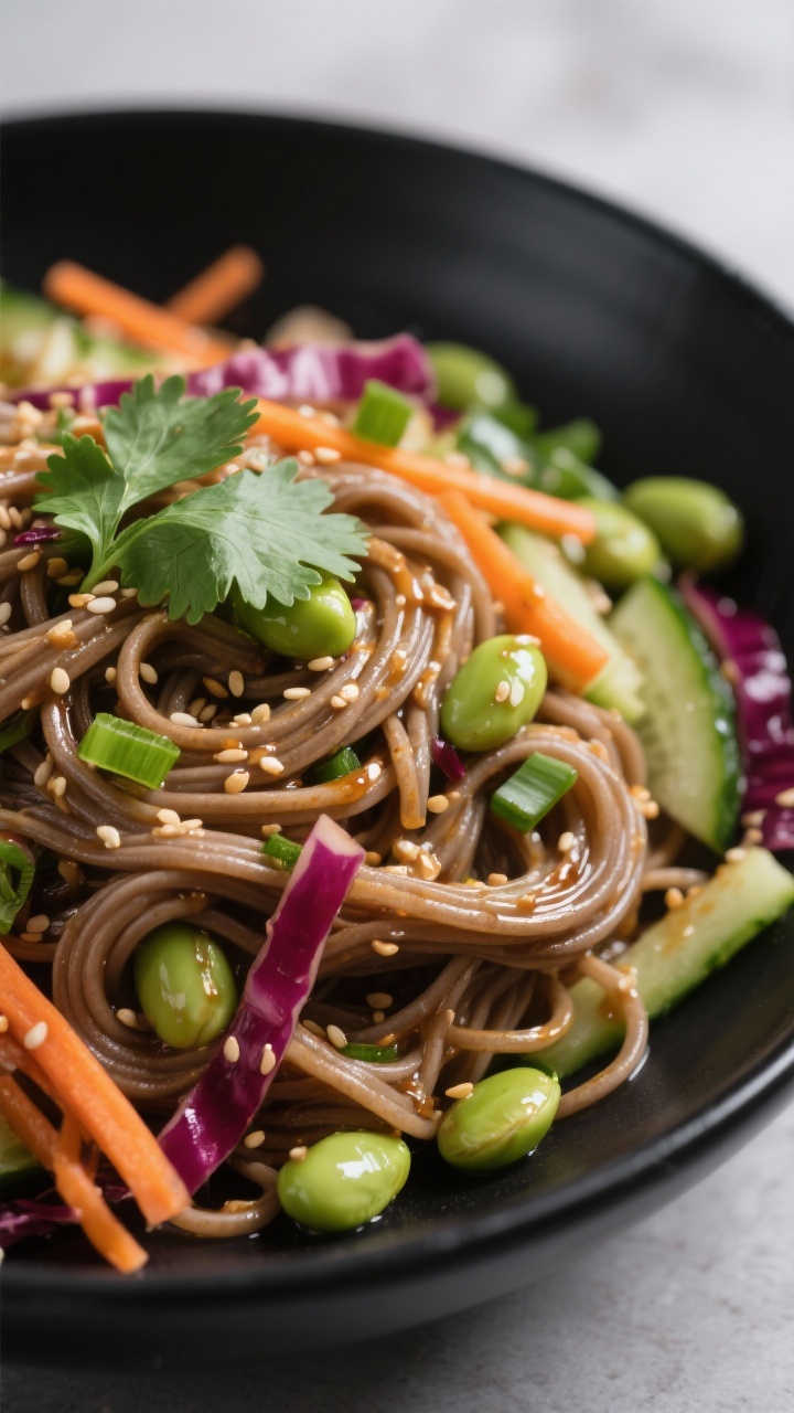 Close-up hero shot of Ginger-Sesame Soba Noodle Salad: glossy buckwheat soba tangled with shelled edamame, shredded carrots, thinly sliced red cabbage, julienned cucumber, and sliced green onions; sesame-ginger dressing clinging to noodles with visible sesame seeds; a few cilantro leaves for freshness; served in a shallow black bowl to pop the colors; soft backlight highlighting moisture and crisp textures.