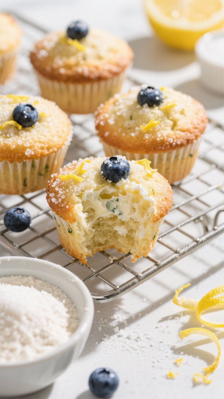 Close-up hero shot of lemon blueberry ricotta muffins on a cooling rack: domed tops split with juicy blueberries, crust showered in crunchy sugar crystals; lemon zest flecks visible in the tender crumb; one muffin torn open to show moist ricotta-rich interior; surrounding ingredients styled in small bowls—flour, sugar, baking powder/soda, and curls of lemon zest—on a bright sunlit surface conveying fresh, citrusy morning energy