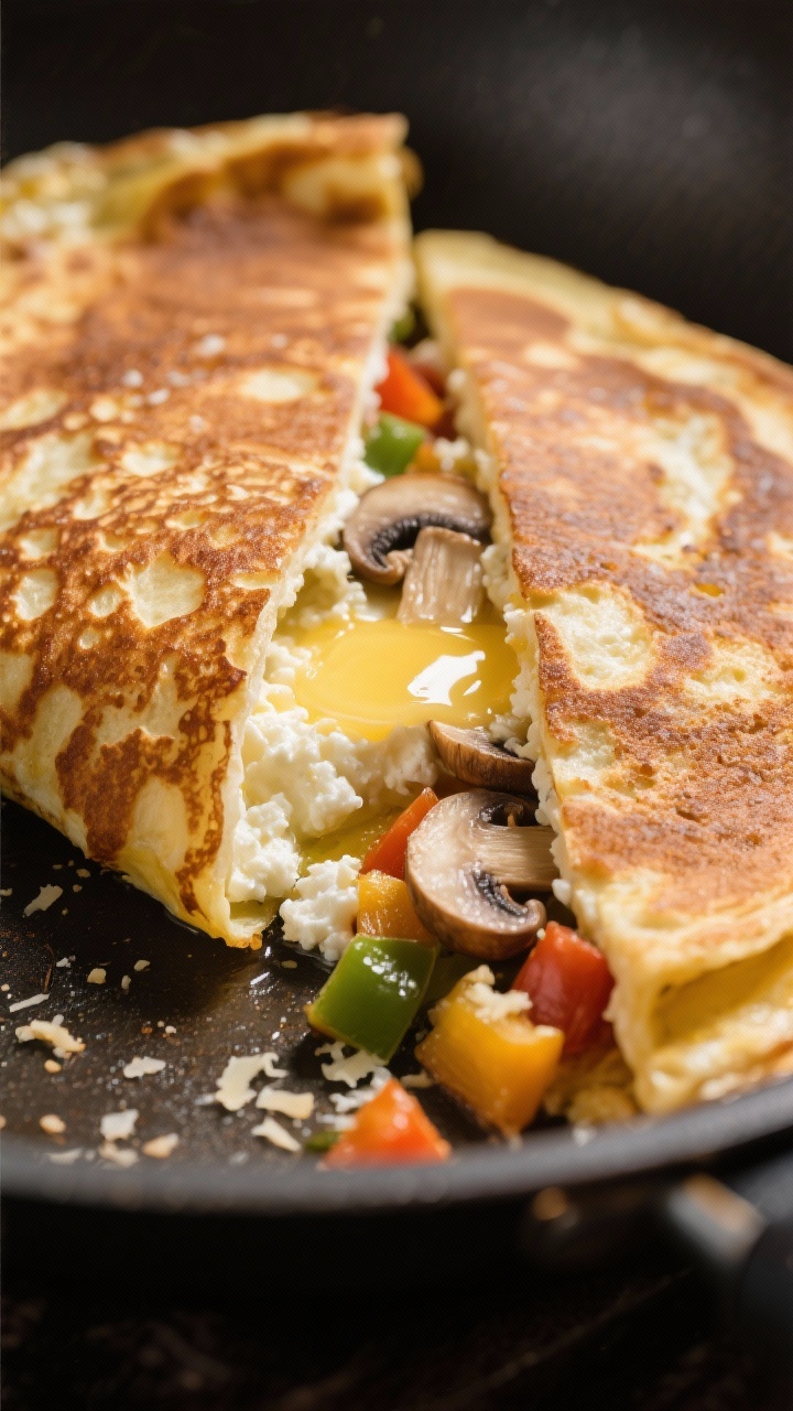 Close-up macro of a cottage cheese pancake-omelet folded in half in a buttered skillet: browned, fluffy exterior with airy bubbles, a peek of creamy cottage cheese inside, specks of grated Parmesan, and tender diced bell pepper and mushrooms peeking from the fold. Pat of melting butter/ghee at the edge, warm golden tones, shallow depth of field emphasizing texture.