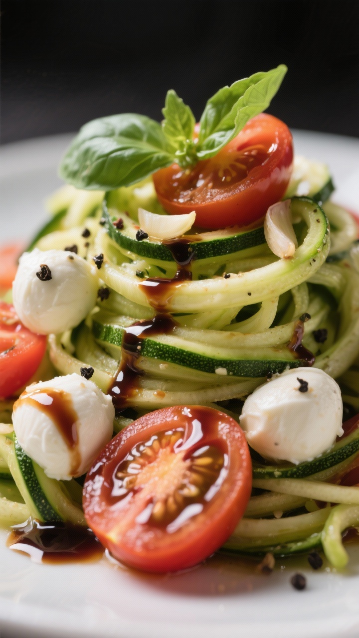 Close-up macro of caprese zoodles with balsamic glaze: glossy zucchini zoodles twirled into a nest, studded with halved cherry tomatoes and tiny mozzarella balls, kissed with olive oil and thinly sliced garlic; threads of fresh basil, coarse black pepper, and a lacquered drizzle of balsamic reduction catching the light; shallow depth of field and vibrant colors, no excess moisture.