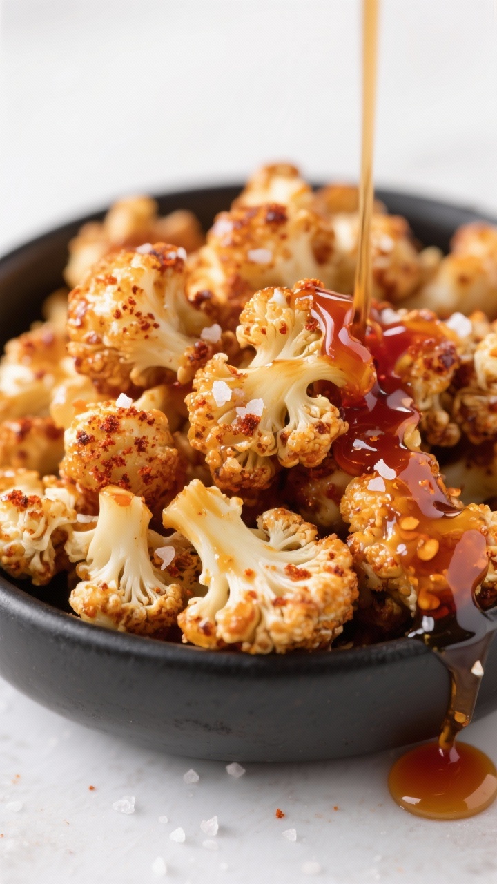 Close-up macro of sweet-and-spicy cauliflower “popcorn,” 1-inch florets with caramelized maple syrup-sriracha glaze and hints of smoked paprika and garlic powder; arranged in a matte black bowl to pop the colors, kosher salt crystals visible; a drizzle trail of maple syrup and a dot of sriracha on the side; bright, punchy light capturing sticky-glossy texture.