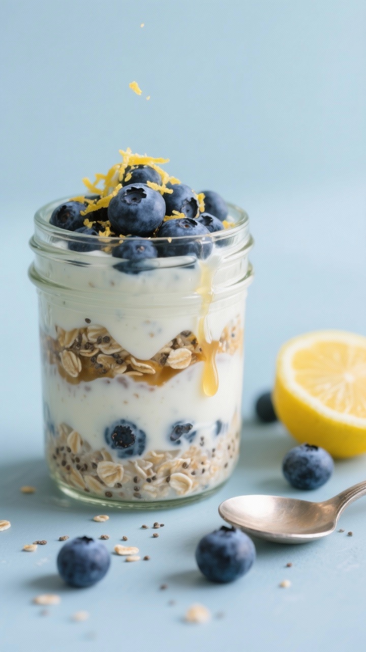 Close-up of blueberry lemon overnight oats layered in a glass jar: creamy rolled oats mixed with milk, Greek yogurt, chia seeds, maple syrup, and vanilla, swirled with bursts of fresh blueberries and fine lemon zest on top. Drips on the jar, a spoon resting nearby, extra blueberries and a zested lemon scattered on a pale blue backdrop. Soft, dreamy light to emphasize “dessert-like” creaminess.