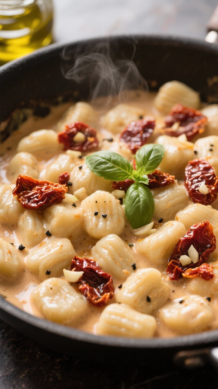 Close-up of Creamy Sun-Dried Tomato Gnocchi in a skillet: pillowy gnocchi coated in a glossy cream sauce enriched with olive oil from the jar, studded with chopped oil-packed sun-dried tomatoes and minced garlic; sauce clings to ridges, specks of black pepper and a few fresh basil leaves for color; warm, cozy tones, gentle steam, shallow depth of field to emphasize the velvety texture, shot straight-on at pan rim level.