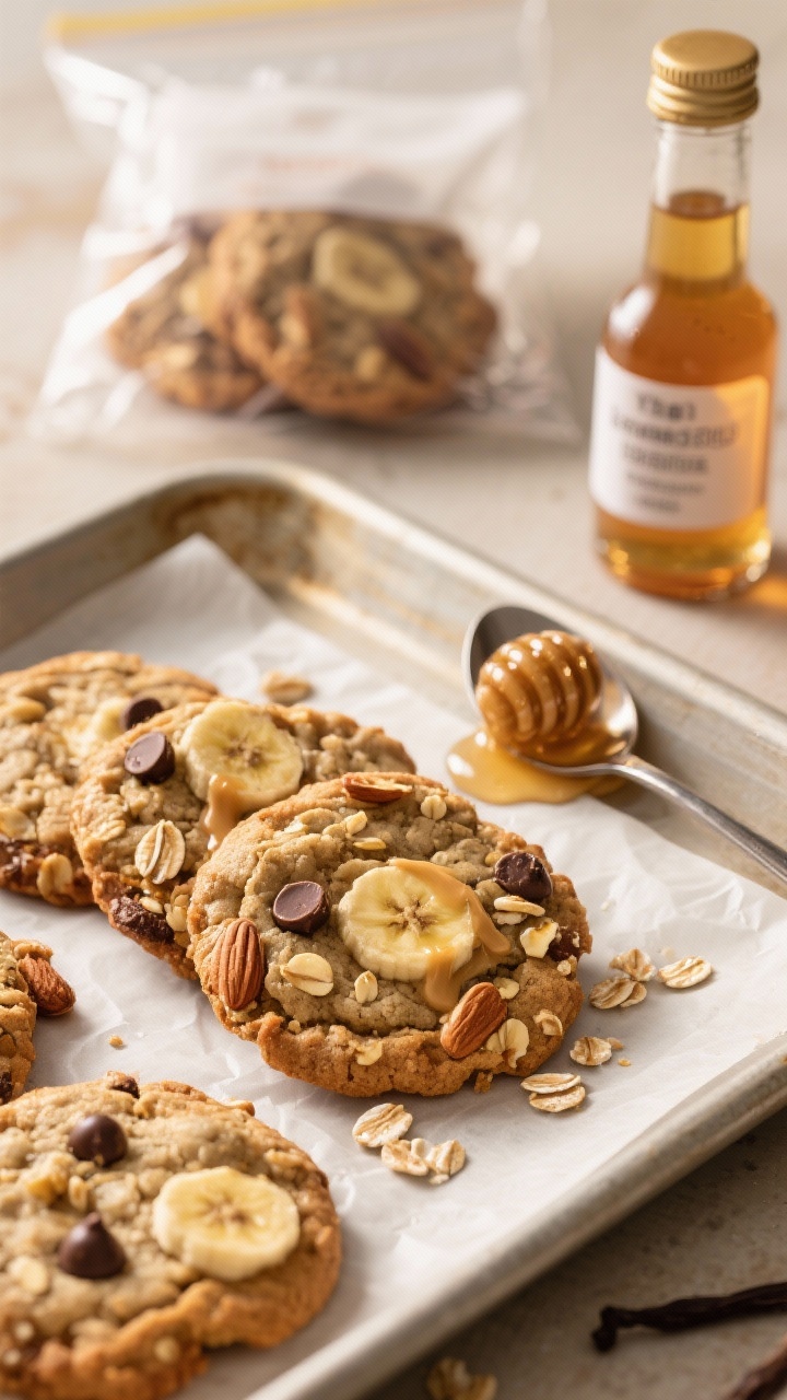 Close-up of freezer-friendly banana bread breakfast cookies on a parchment-lined tray: chunky oat-studded cookies with visible mashed banana flecks and almond butter sheen, a few studded with chocolate chips and chopped nuts; honey/maple syrup drips on a spoon, vanilla extract bottle to the side; a labeled freezer bag in the background with a few cookies tucked inside; cozy, golden light emphasizing soft-chewy texture.