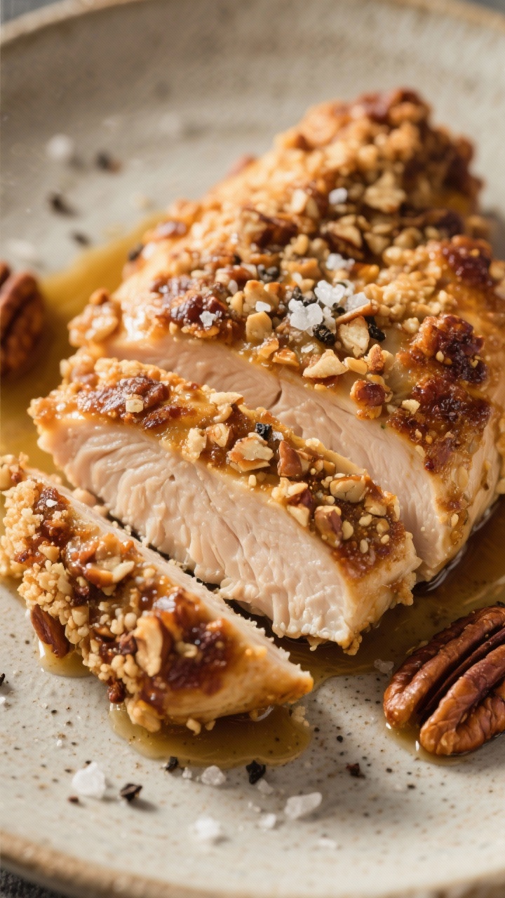 Close-up of maple-mustard chicken breasts with crunchy pecan crust: even 3/4-inch chicken cutlets, exterior studded with finely chopped raw pecans and panko, caramelized edges from maple-mustard glaze. Sprinkling of kosher salt and black pepper visible. Sliced piece revealing juicy interior, set on a stoneware plate with a light drizzle of sauce. Warm, directional light to highlight the crust.
