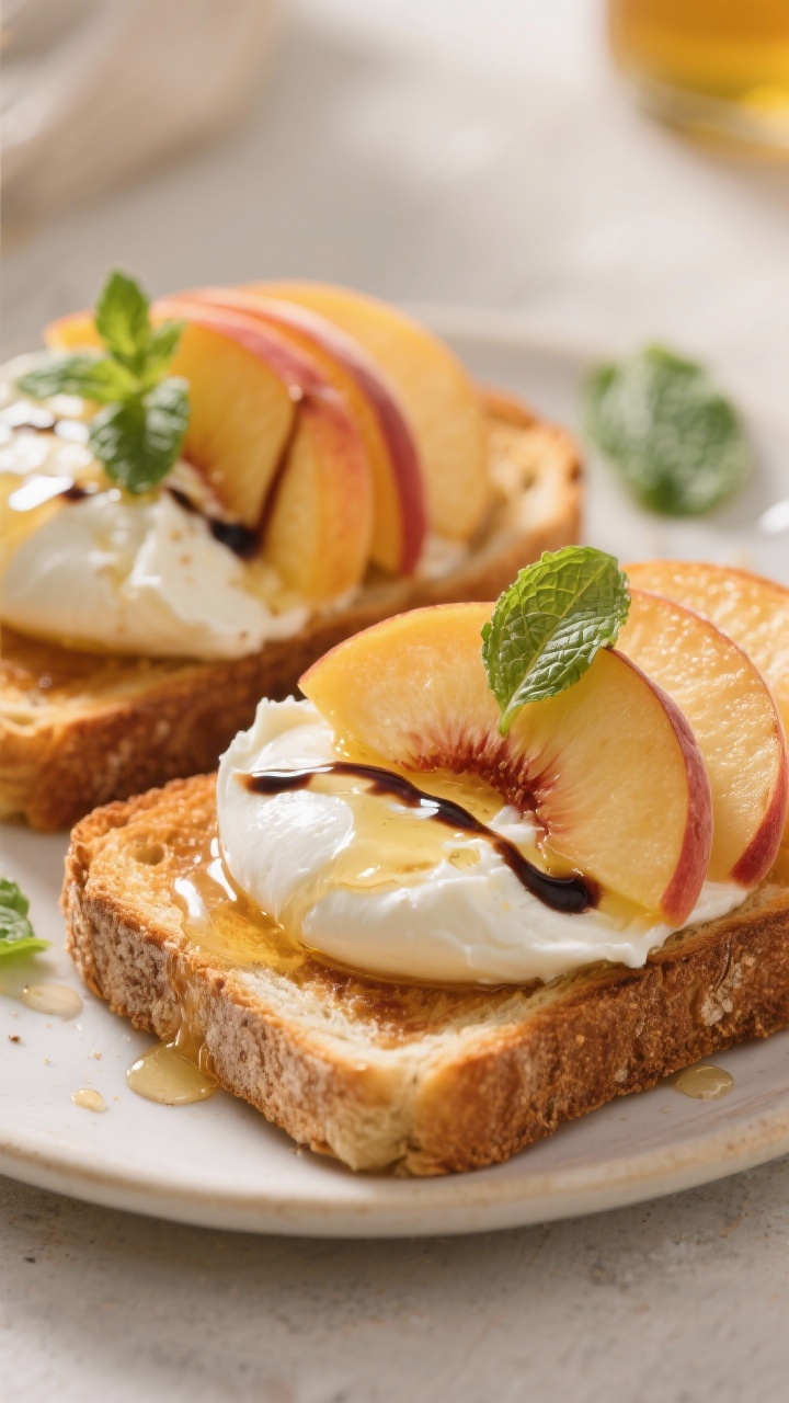 Close-up of peach, burrata, and honey toast: two slices of pre-toasted country sourdough topped with torn creamy burrata, fanned ripe peach slices, a delicate drizzle of honey, and streaks of balsamic glaze. Garnish with a few fresh mint or basil leaves. Golden late-morning light, syrupy sheen, crisp edges of toast in focus.
