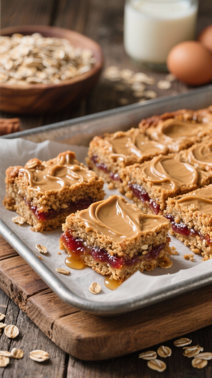 Close-up of peanut butter & jam baked oat squares cut into tidy bars: toasty rolled oat crumb with a cinnamon hue, glossy swirls of peanut butter and jewel-toned jam ribbons visible in the cross-section; light drizzle of maple syrup on a few squares; ingredients styled behind—old-fashioned oats, baking powder, milk, and eggs; parchment-lined metal pan on a rustic wooden board, soft side light for rich texture.