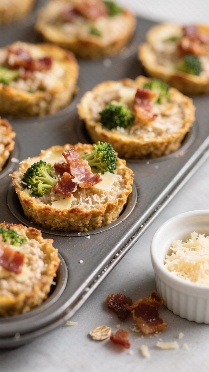 Close-up of savory oatmeal cups in a muffin tin: hearty oat base set with grated Parmesan, small broccoli florets visible, and crisp crumbled bacon on top; golden edges with a glossy, cheesy sheen; a ramekin of extra Parmesan and a few loose bacon crumbles nearby; neutral backdrop to emphasize texture.
