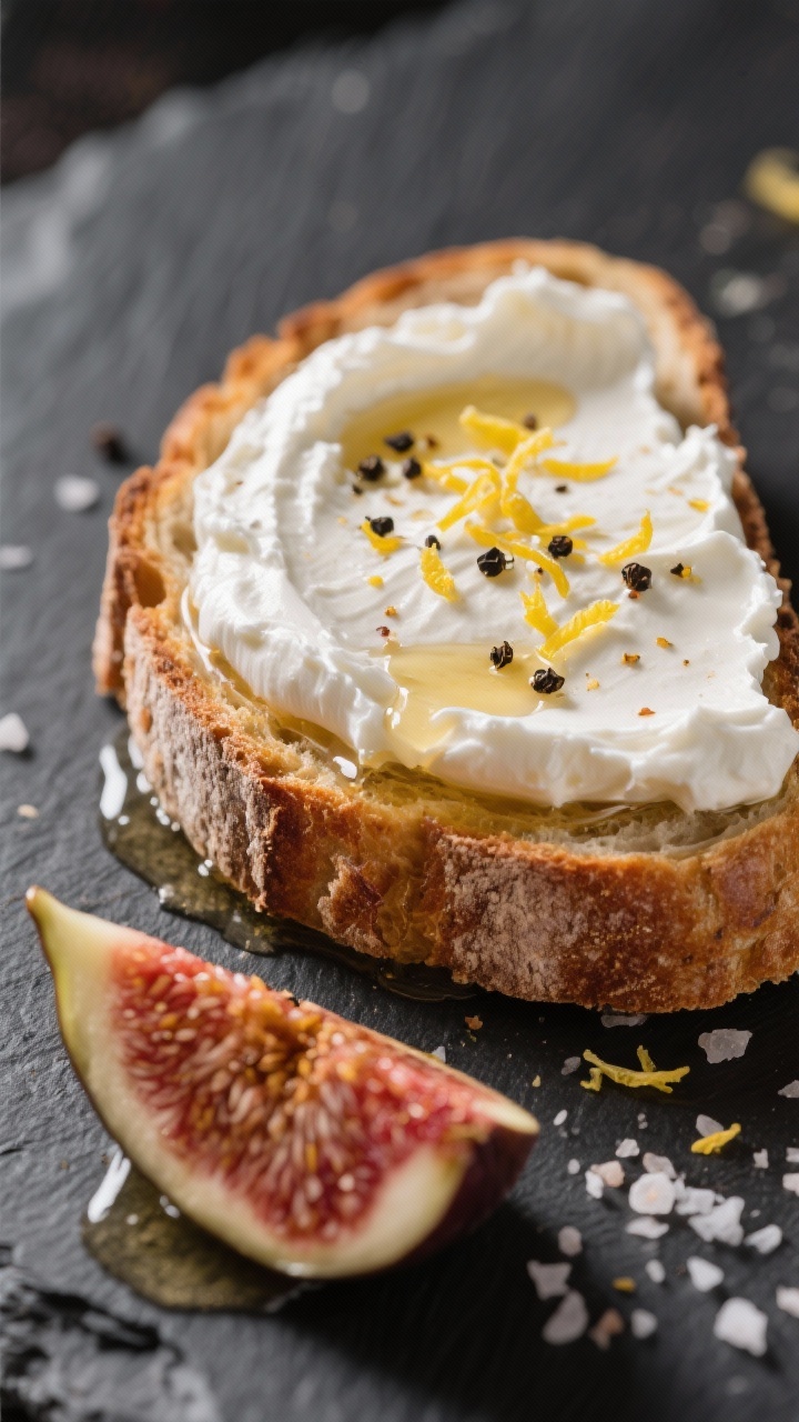 Close-up of savory ricotta toast: crusty bread with a thick swoop of whole-milk ricotta, delicate honey thread, fresh lemon zest confetti, cracked black pepper and flaky salt; optional sliced figs fanned on one side for elegance; shot on slate to emphasize creamy-white ricotta and golden honey.