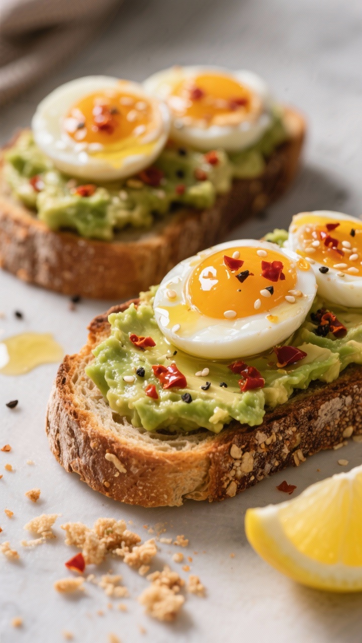 Close-up of smashed avocado and chili crunch toast with jammy eggs: two slices of hearty sourdough topped with lemon-kissed avocado mash (salt and black pepper flecks), crowned with halved jammy eggs and a glossy drizzle of chili crisp; sesame and chili flakes visible in the oil; crumbs and a cut lemon wedge nearby; shallow depth of field to highlight creamy yolks and crunchy chili bits.