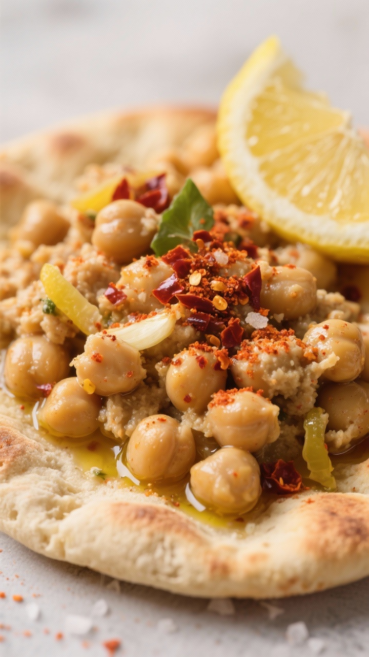 Close-up of spicy chickpea smash on pita: warm pita topped with roughly mashed chickpeas mixed with olive oil, lemon juice, garlic powder, and smoked paprika/chili flakes; pinch of salt and pepper visible; garnished with extra chili flakes and a lemon wedge, rustic texture emphasized.