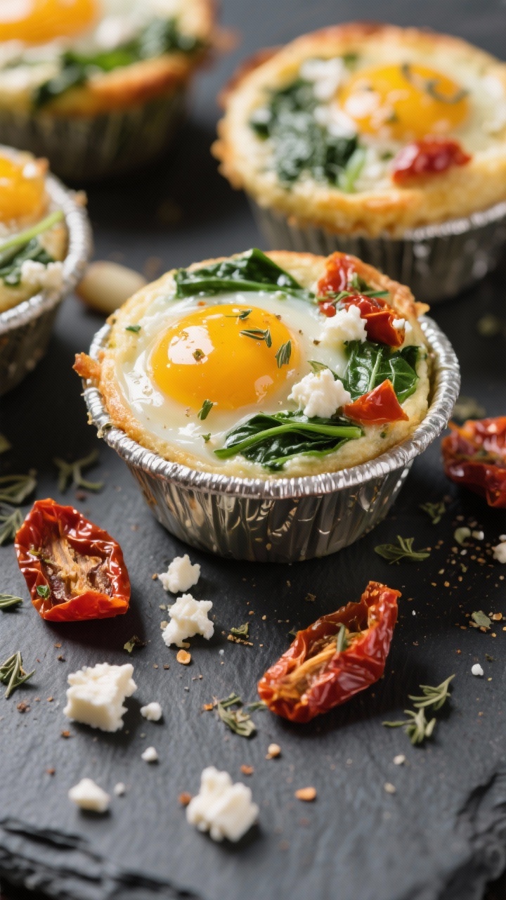 Close-up of spinach-feta egg muffins just out of the tin: glossy, tender egg with visible ribbons of finely chopped baby spinach, pockets of crumbled feta, and jewel-like bits of oil-drained sun-dried tomato; sprinkled lightly with dried oregano and garlic powder; arranged on a slate board with a few sun-dried tomato pieces and feta crumbles scattered around.