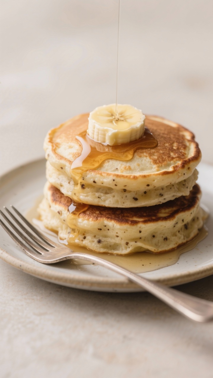 Close-up of two-ingredient banana pancakes stacked on a small plate, their lacy edges and tender, speckled banana interior clearly visible; a pat of butter melting on top, light drizzle of maple syrup cascading down; optional baking powder noted by extra fluff; neutral backdrop with a fork beside the plate.