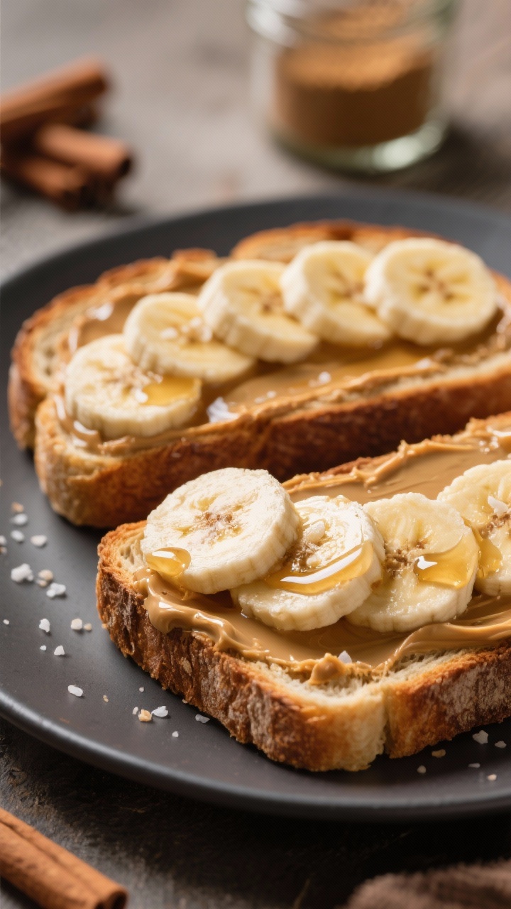 Close-up of two slices of sourdough toast on a matte dark plate, generously spread with creamy peanut butter, fanned ripe banana slices glistening with a thin drizzle of honey, finished with a pinch of flaky sea salt; crisp, toasted edges in sharp focus, shallow depth of field with a jar of cinnamon blurred in the background; warm, cozy morning light.